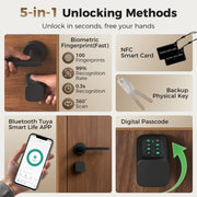 Collage showing fingerprint, NFC card, key and app unlocking methods