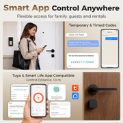 App screens showing temporary codes and Tuya Smart Life control