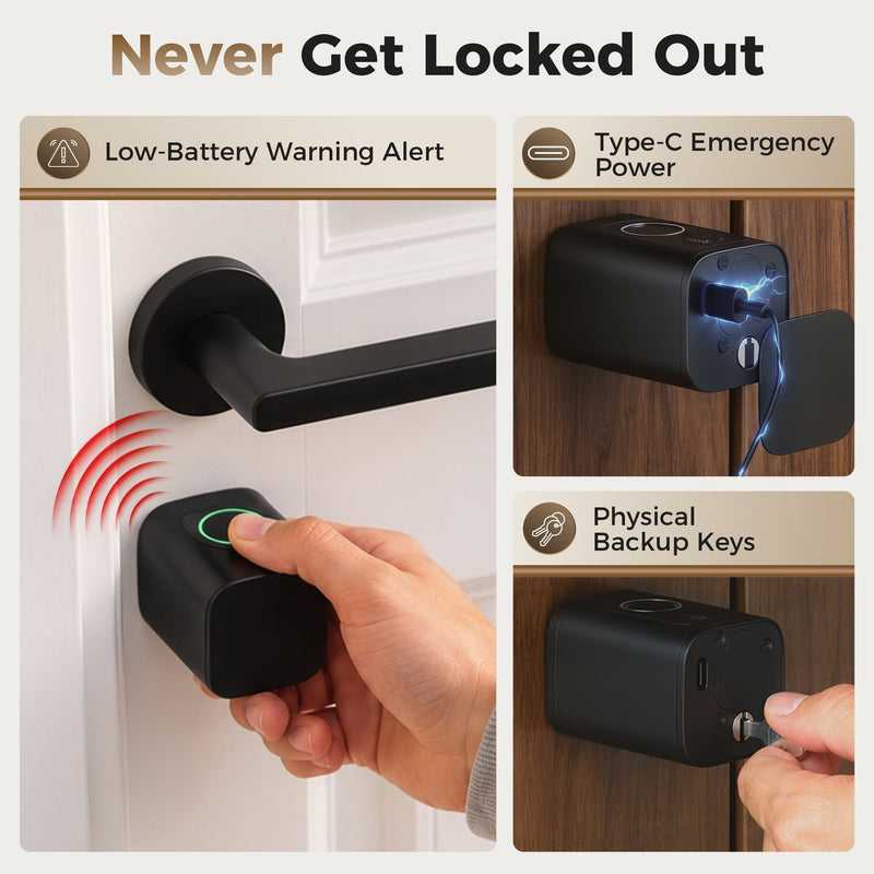 Collage showing the low-battery alert, emergency charging port and backup key
