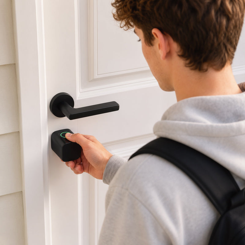 Man using the fingerprint sensor to unlock a door with the cylinder fitted