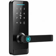 Homcom black smart door lock, studio shot showing keypad and fingerprint handle