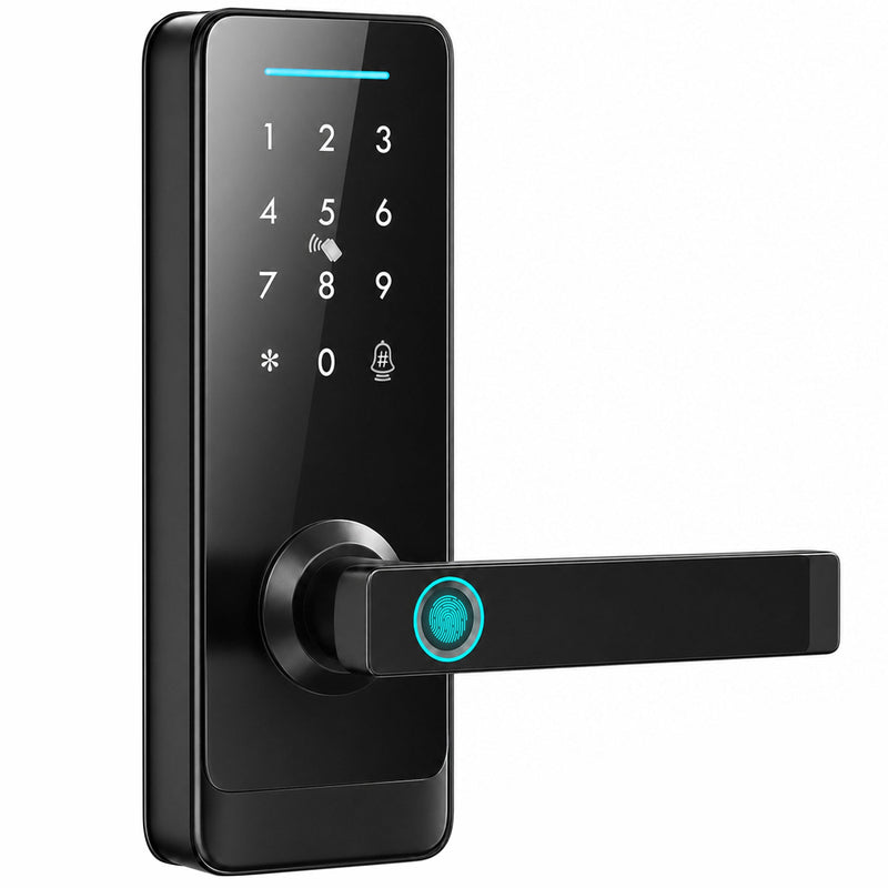 Homcom black smart door lock, studio shot showing keypad and fingerprint handle