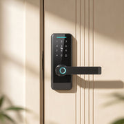 Smart door lock installed on a front door beside the frame