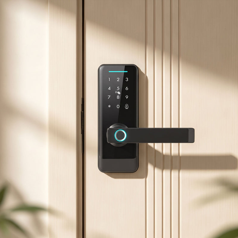 Smart door lock installed on a front door beside the frame