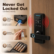 Collage showing emergency USB-C power, backup key and AA batteries