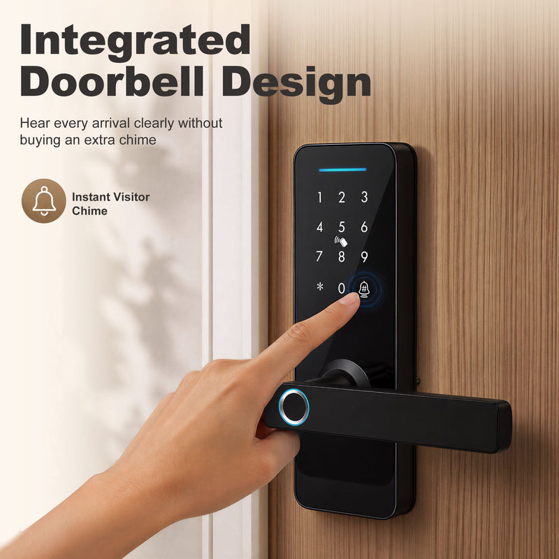 Close-up of a hand pressing the integrated doorbell button