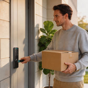 Delivery man unlocking a smart lock while holding a parcel