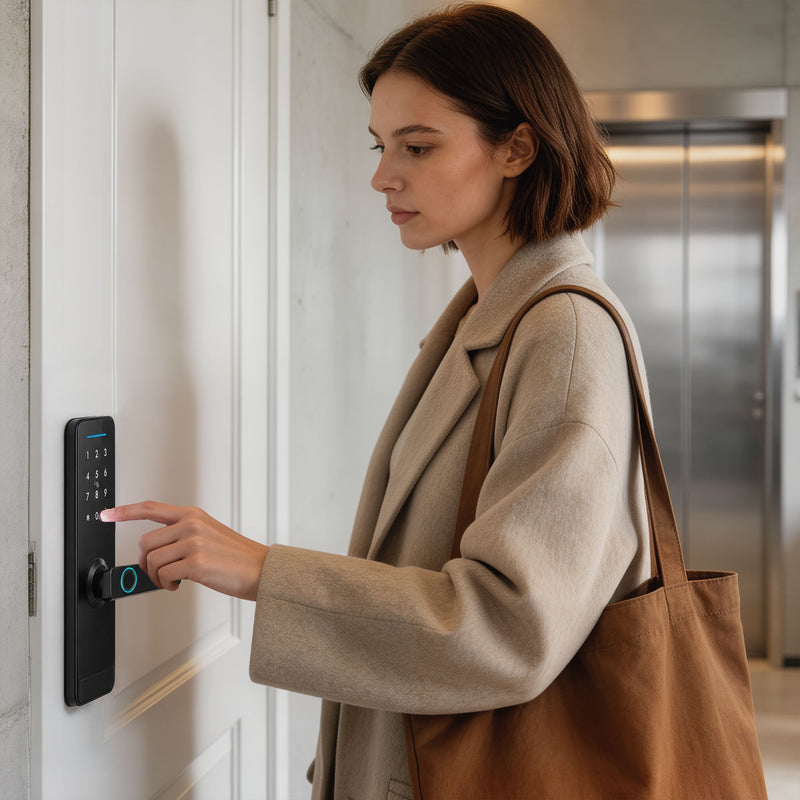 Woman using the fingerprint sensor to enter a building
