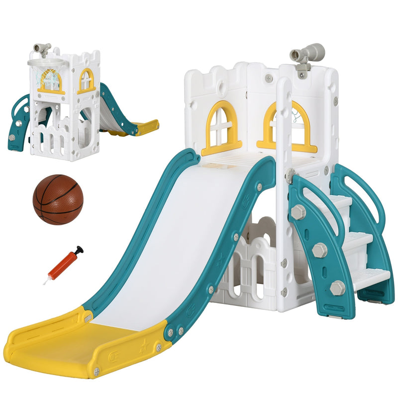 Aiyaplay 5 in 1 yellow toddler slide with basketball hoop, telescope and climbing steps