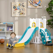 Toddler sitting beside the yellow Aiyaplay slide in a playroom setting