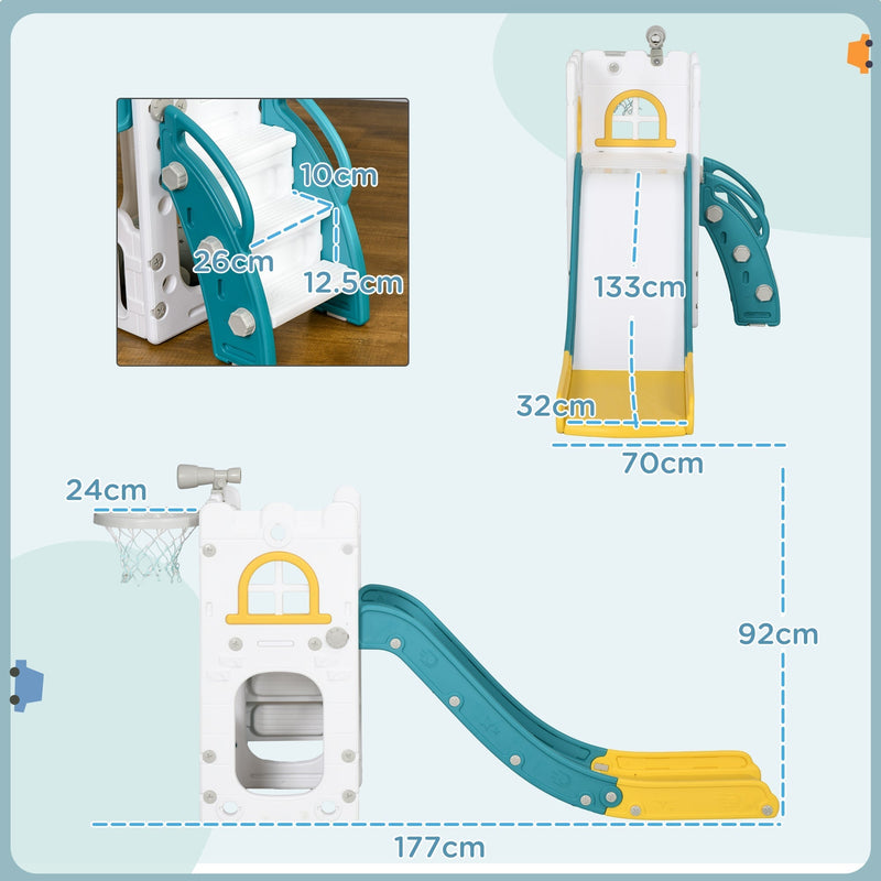 Dimension diagram showing the yellow toddler slide is 177 cm long, 70 cm wide and 92 cm tall