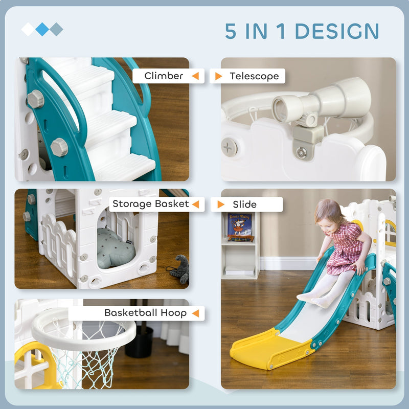 Five-in-one feature panel showing the ladder, telescope, storage basket, slide and basketball hoop on the yellow slide