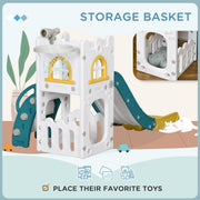 Storage basket built into the base of the yellow toddler slide