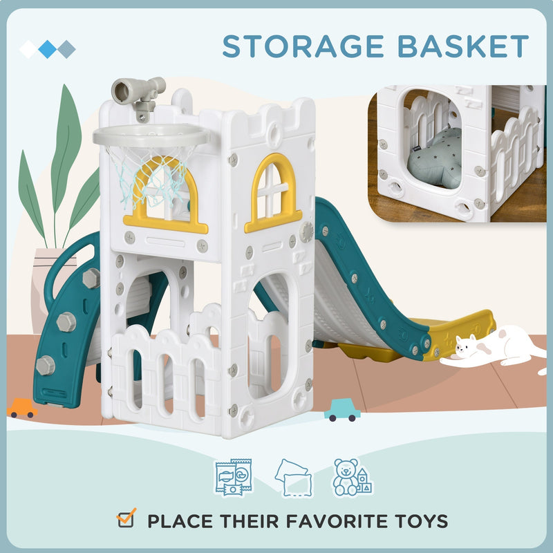 Storage basket built into the base of the yellow toddler slide
