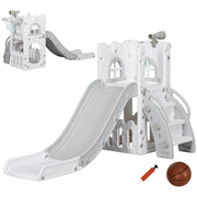 Aiyaplay 5 in 1 grey toddler slide with basketball hoop, telescope and climbing steps