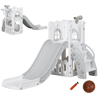 Aiyaplay 5 in 1 grey toddler slide with basketball hoop, telescope and climbing steps