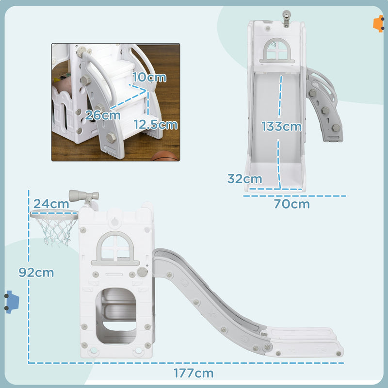 Dimension diagram showing the grey toddler slide is 177 cm long, 70 cm wide and 92 cm tall