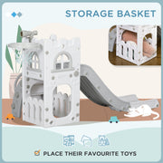 Storage basket built into the base of the grey toddler slide