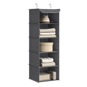Single grey 5 shelf hanging wardrobe organiser styled with a hat, folded knitwear, a hat box and books