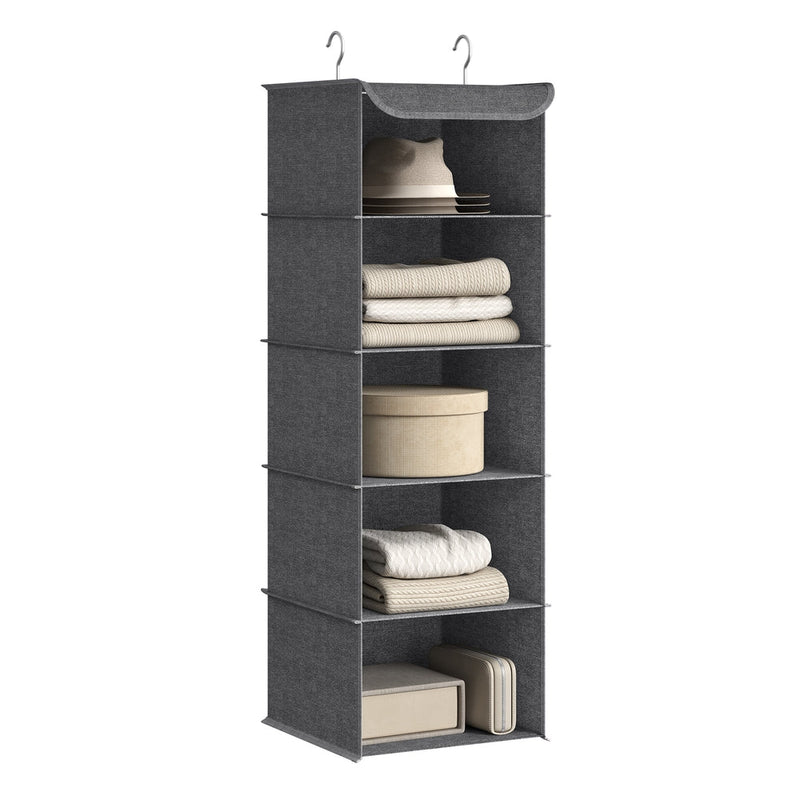 Single grey 5 shelf hanging wardrobe organiser styled with a hat, folded knitwear, a hat box and books