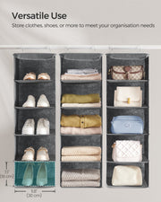 Versatile use panel showing shoes, folded clothes and handbags on the shelves, with a shelf opening labelled 30 cm wide and 18 cm high