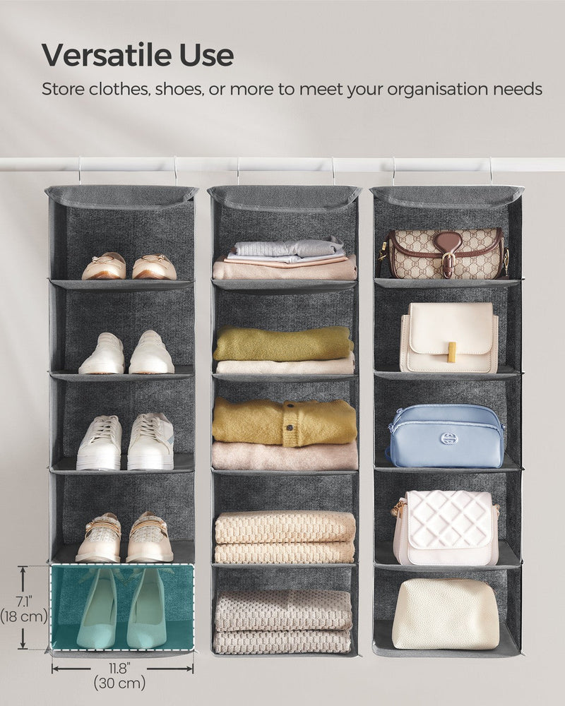 Versatile use panel showing shoes, folded clothes and handbags on the shelves, with a shelf opening labelled 30 cm wide and 18 cm high