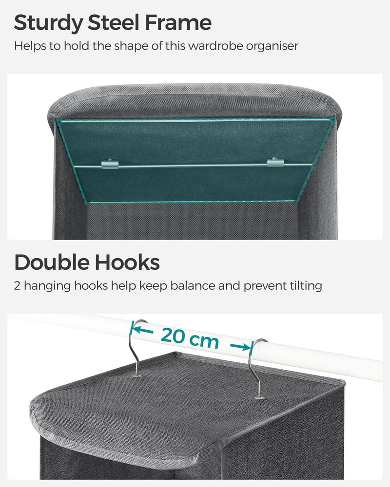 Double hooks panel showing the 2 hanging hooks spaced 20 cm apart on a wardrobe rail
