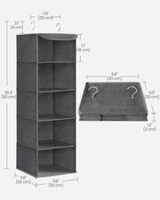 Dimensions diagram showing the organiser 30 cm wide, 30 cm deep and 90 cm high with 18 cm shelves and a 3 cm folded thickness