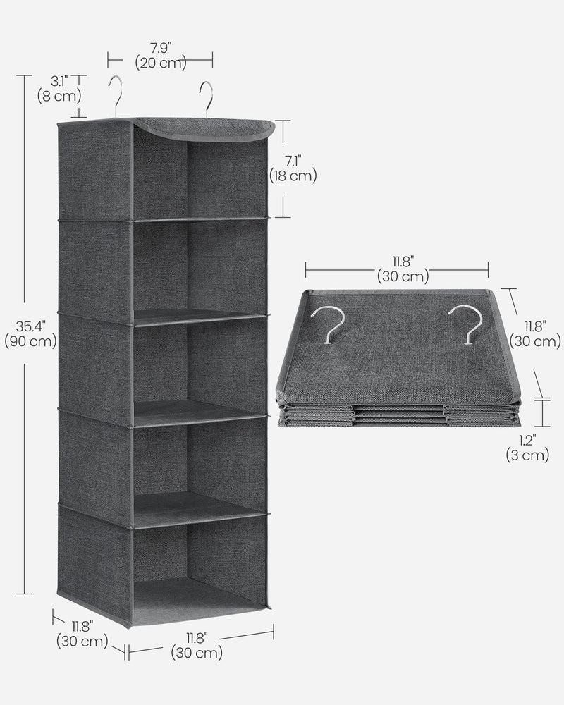 Dimensions diagram showing the organiser 30 cm wide, 30 cm deep and 90 cm high with 18 cm shelves and a 3 cm folded thickness