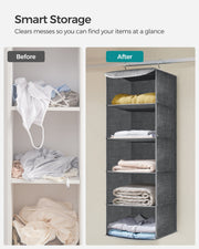 Before and after panel comparing a messy wardrobe shelf with clothes folded into the hanging organiser