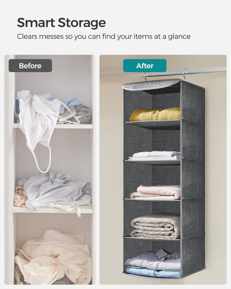 Before and after panel comparing a messy wardrobe shelf with clothes folded into the hanging organiser