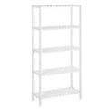 White 5-tier bamboo shelf on a plain background, side angle view showing all five slatted shelves