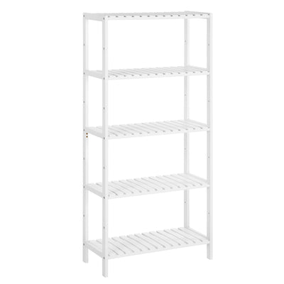 White 5-tier bamboo shelf on a plain background, side angle view showing all five slatted shelves