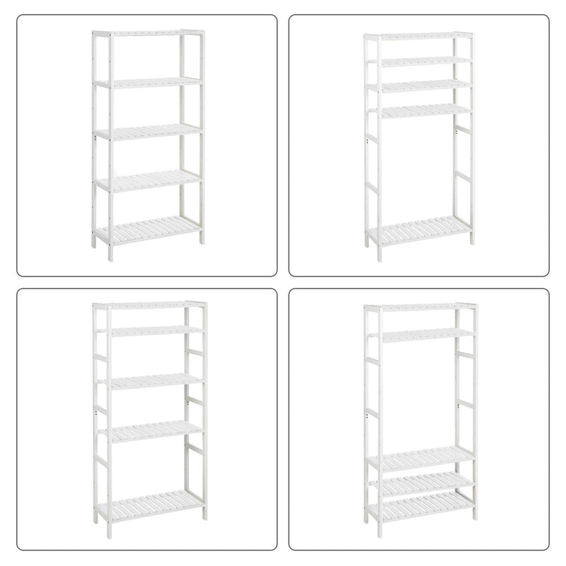 Four shelf height configuration options for the adjustable bamboo shelving unit