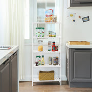 White bamboo shelf used in a kitchen to store tins, jars and drinks