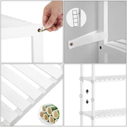 Close-up of assembly hardware, wall strap, bamboo cross-section and adjustable shelf pegs