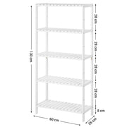 Dimensions diagram of the white 5-tier bamboo shelf showing 60cm width, 26cm depth, 130cm height and 28cm shelf spacing