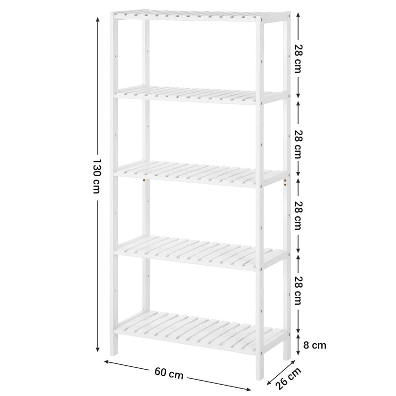 Dimensions diagram of the white 5-tier bamboo shelf showing 60cm width, 26cm depth, 130cm height and 28cm shelf spacing