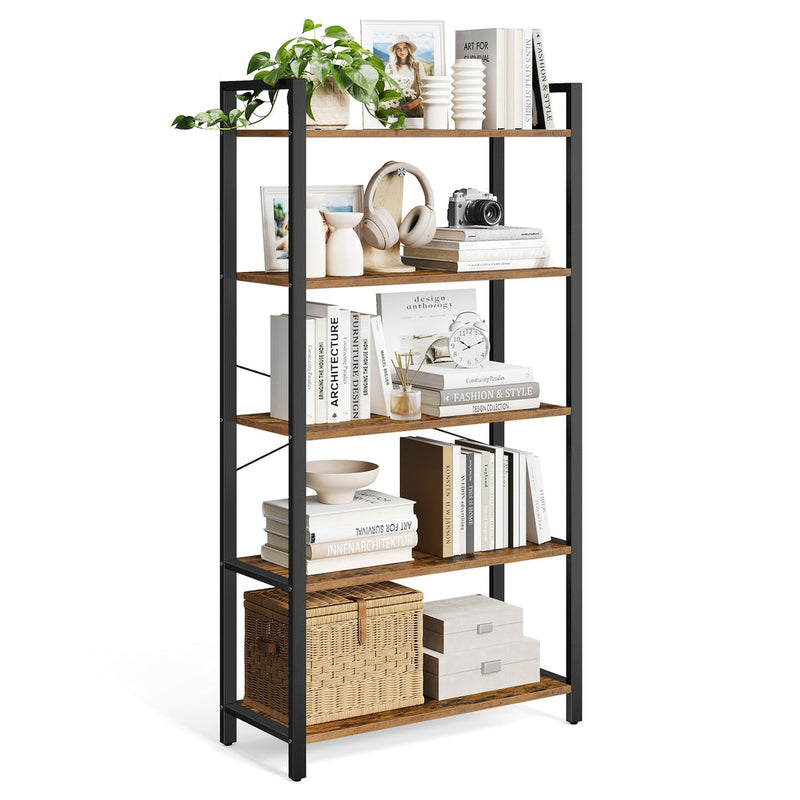 Rustic brown 5 tier bookcase with a black steel frame holding books and baskets