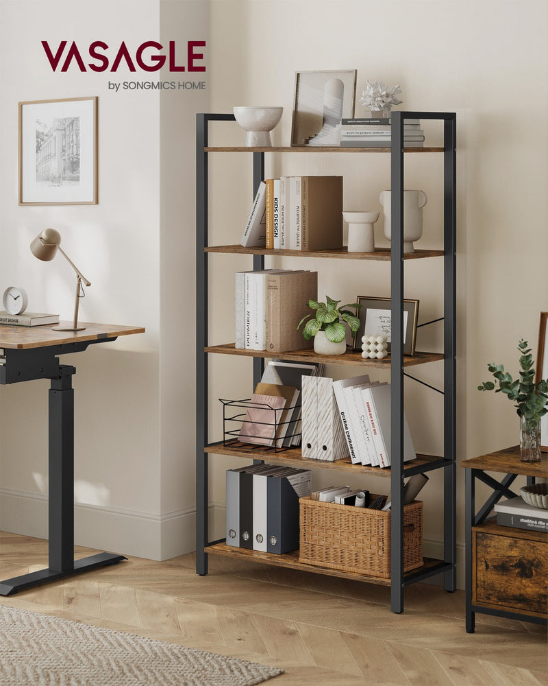 Bookcase styled in a room corner beside a height adjustable desk