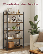Bookcase in a living room next to a cream sofa and a large houseplant