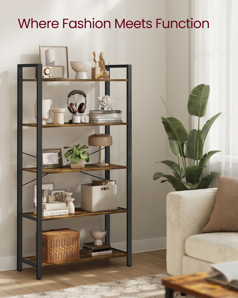 Bookcase in a living room next to a cream sofa and a large houseplant