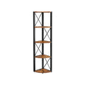 Rustic brown and black 5 tier corner shelf unit on a plain white background