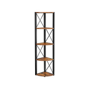 Rustic brown and black 5 tier corner shelf unit on a plain white background