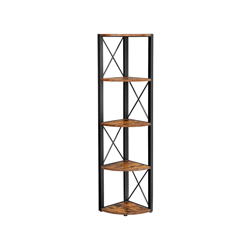 Rustic brown and black 5 tier corner shelf unit on a plain white background