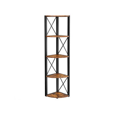 Rustic brown and black 5 tier corner shelf unit on a plain white background