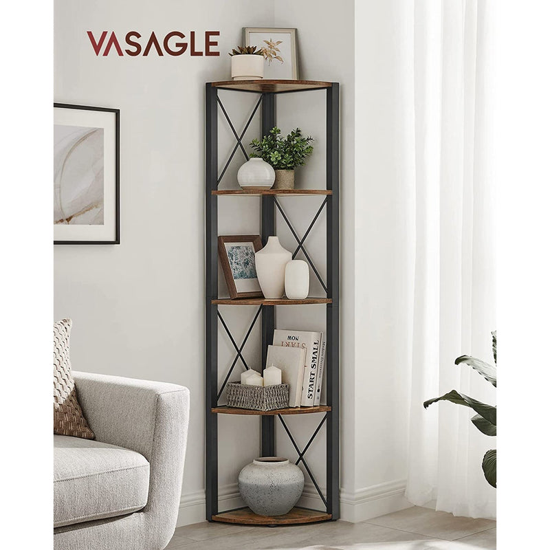 Corner shelf in a living room corner holding vases, books and a small plant