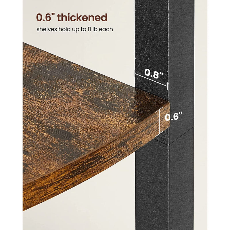 Close-up of the thickened shelf board meeting the black steel upright
