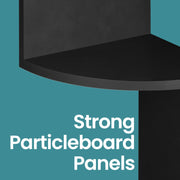 Close-up of the black particleboard shelf edge and frame construction