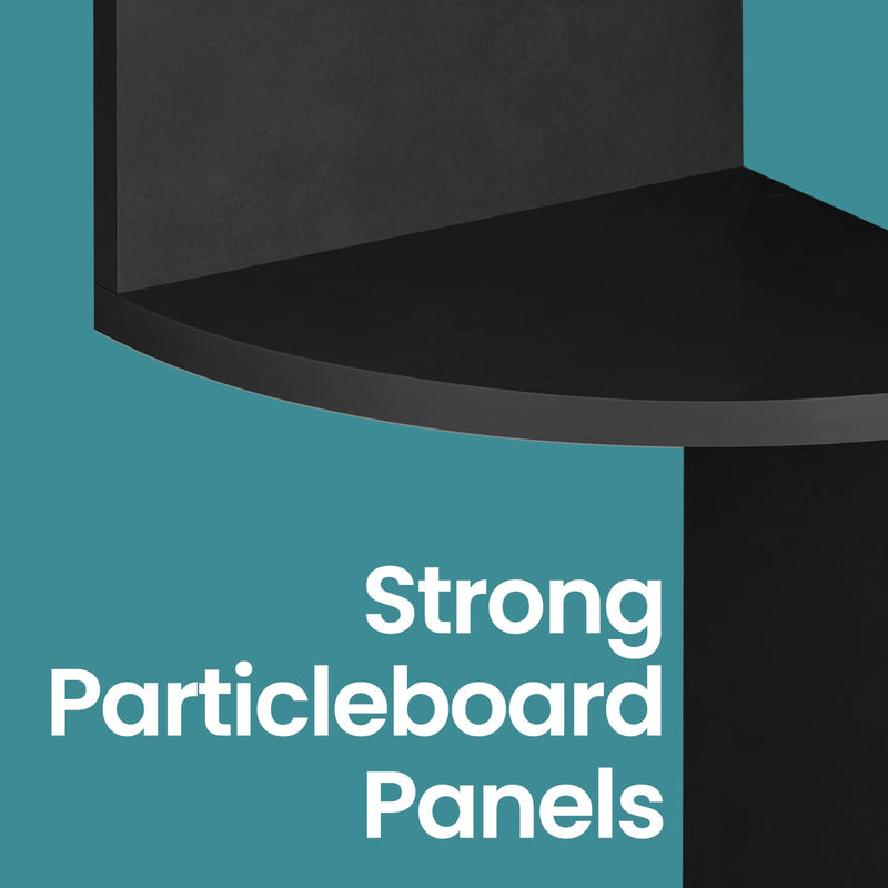 Close-up of the black particleboard shelf edge and frame construction